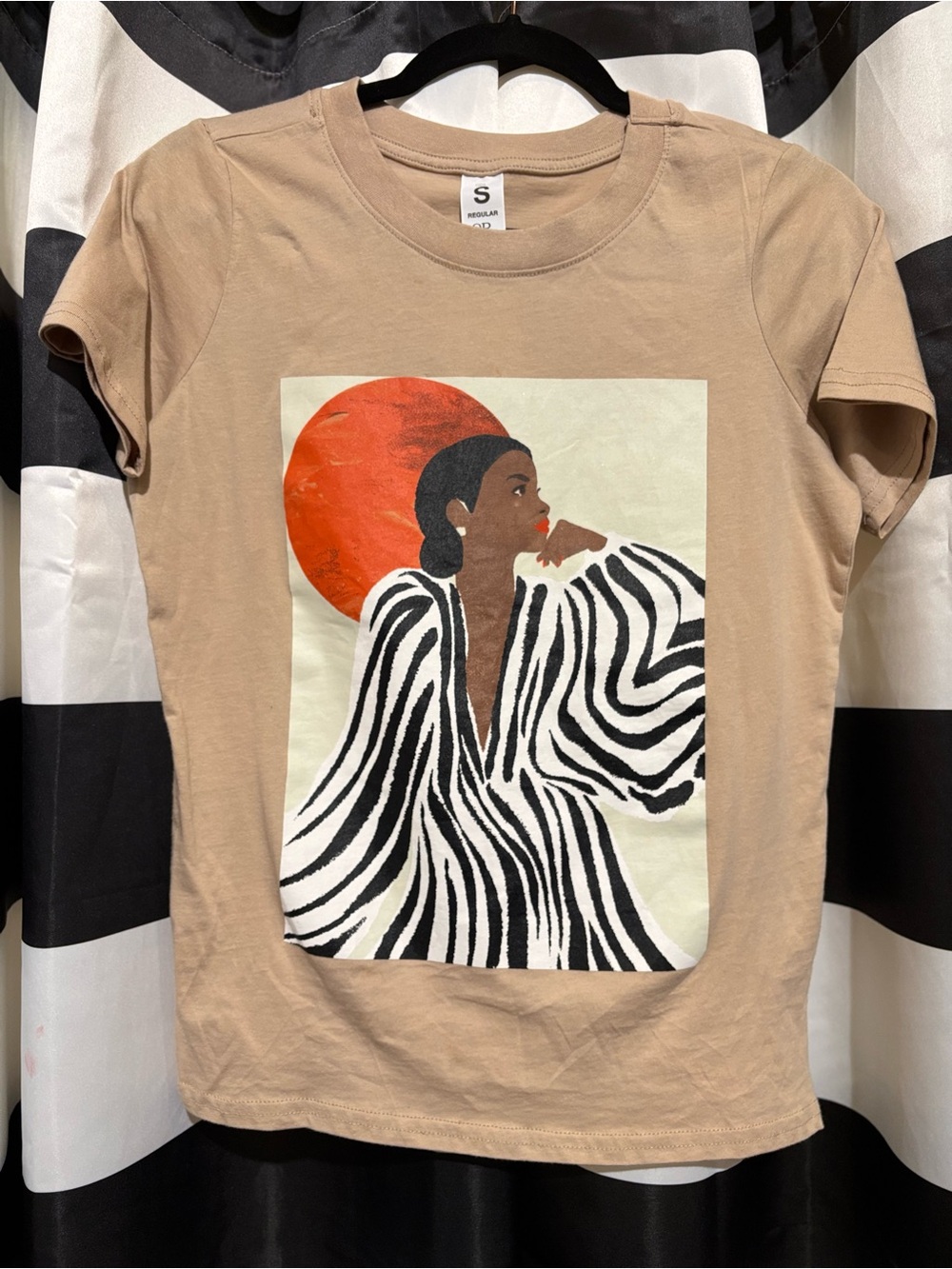 Beige Graphic Tee with Zebra Art Print - Women Tops